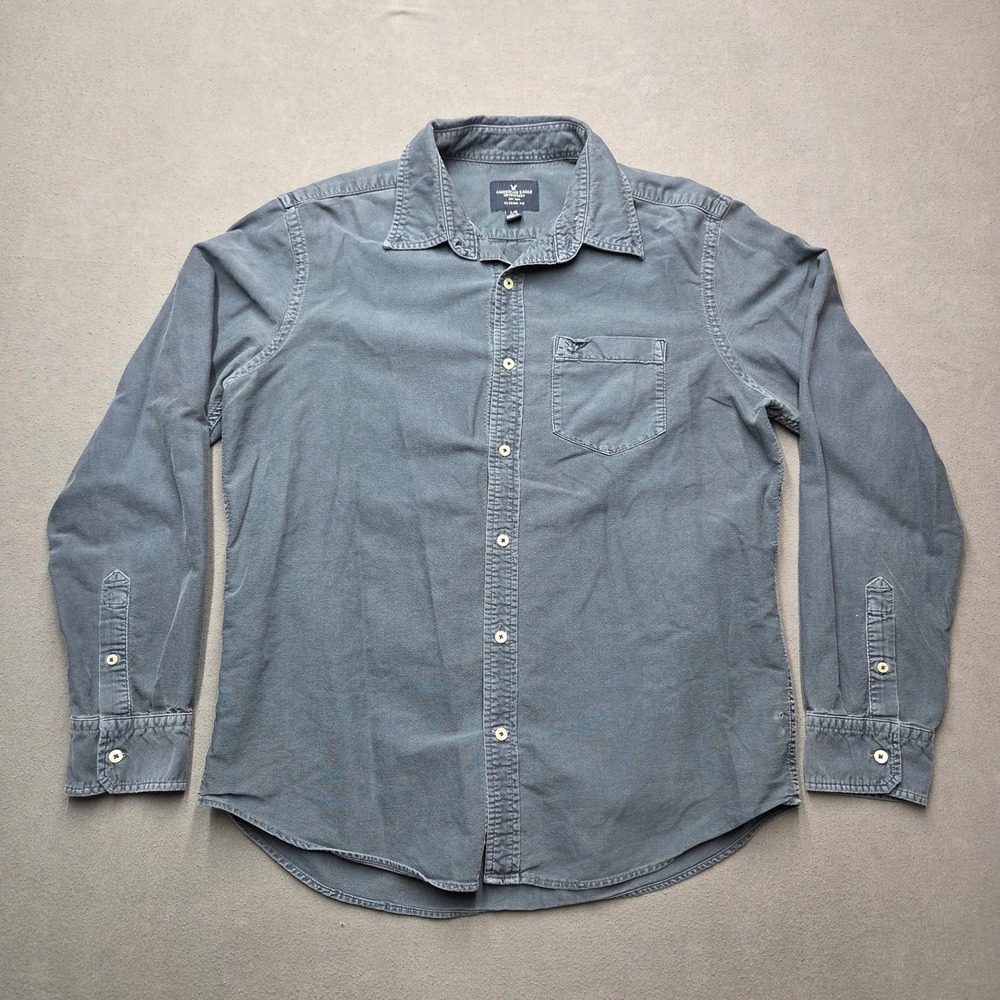 American Eagle Mens Large Classic Fit Button Down Shirt Blue Gray Canvas Cotton